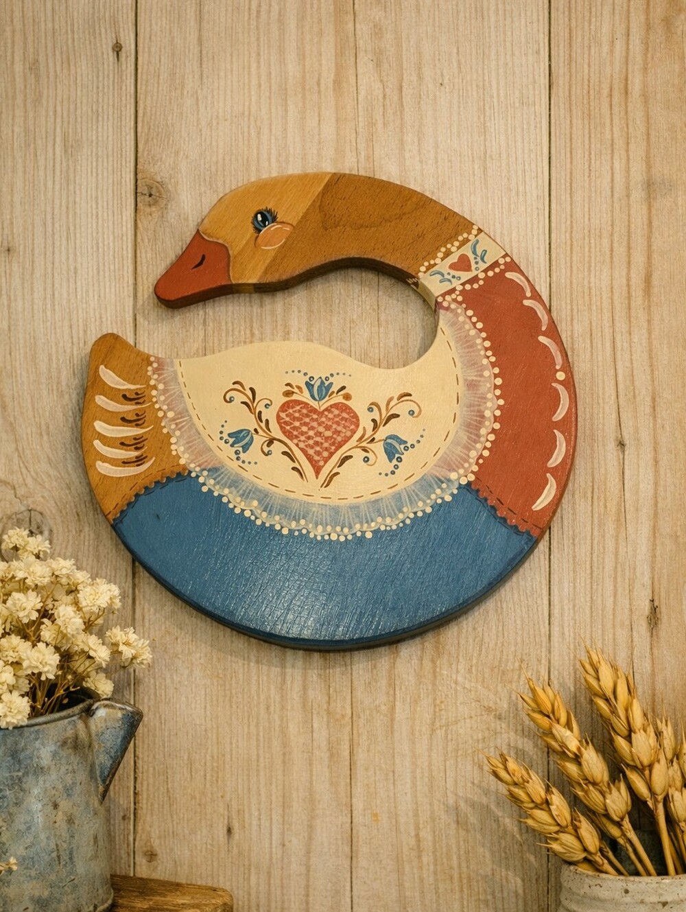 Vintage Hand‑Painted Wooden Goose Wall Decor – Farmhouse Folk Art – Rustic Cotta
